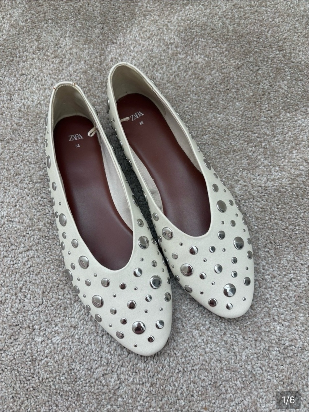 Zara Cream Studded Pointed Ballet Flats